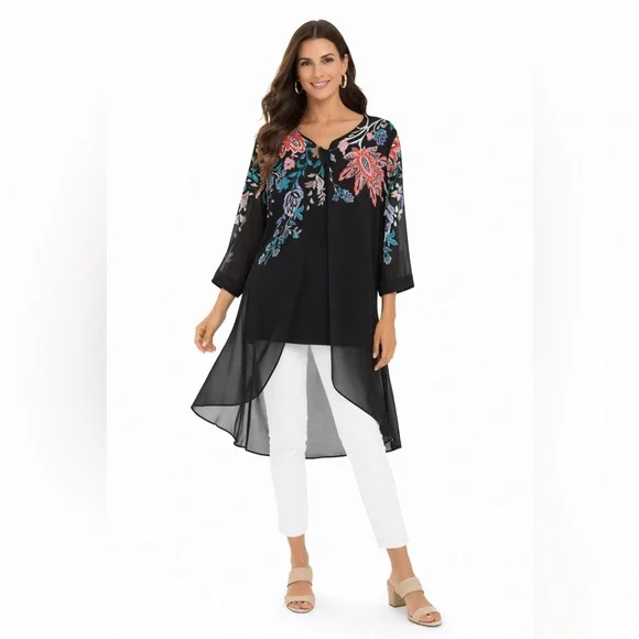 Chico's Size 3 Black Semi Sheer Bohemian Top Chiffon Multicolor Floral Chicos XL - Picture 1 of 6